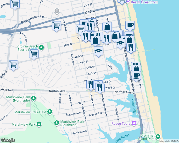 map of restaurants, bars, coffee shops, grocery stores, and more near 625 13th Street in Virginia Beach