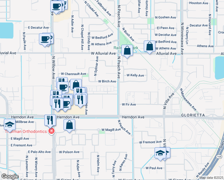 map of restaurants, bars, coffee shops, grocery stores, and more near 530 North Bush Avenue in Clovis