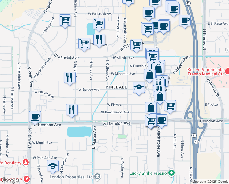 map of restaurants, bars, coffee shops, grocery stores, and more near 247 West Locust Avenue in Fresno