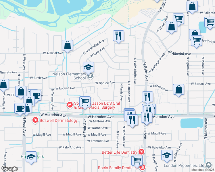 map of restaurants, bars, coffee shops, grocery stores, and more near 1233 West Spruce Avenue in Fresno