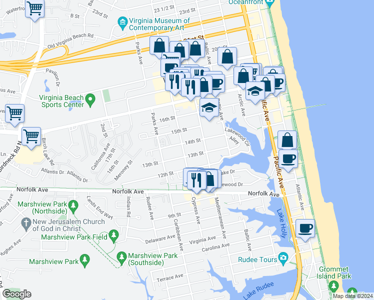 map of restaurants, bars, coffee shops, grocery stores, and more near in Virginia Beach