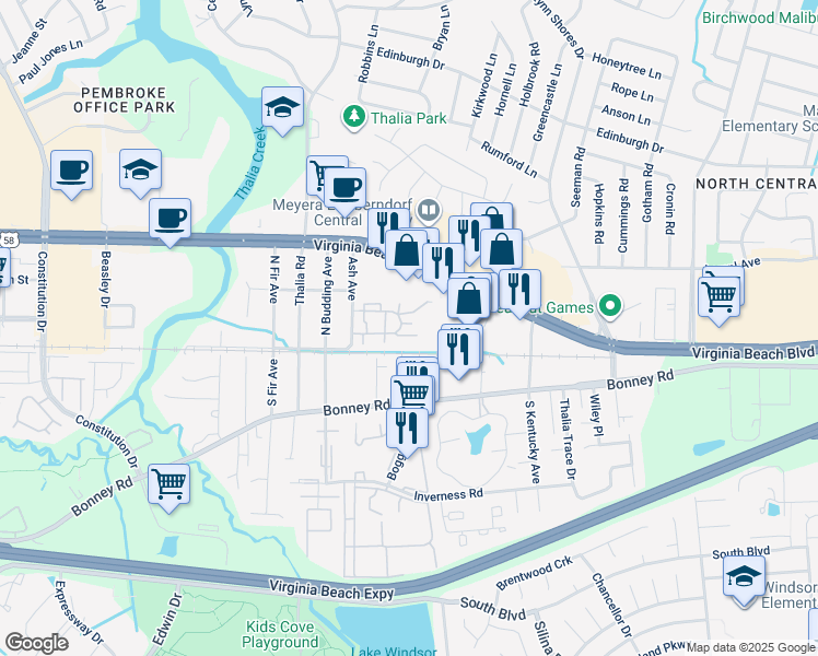 map of restaurants, bars, coffee shops, grocery stores, and more near 4208 Thalia Station Circle in Virginia Beach
