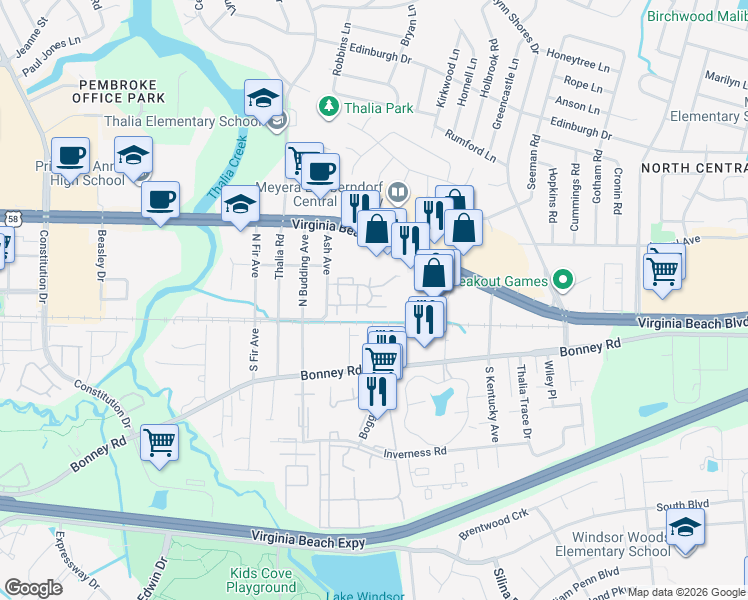 map of restaurants, bars, coffee shops, grocery stores, and more near 4208 Thalia Station Circle in Virginia Beach