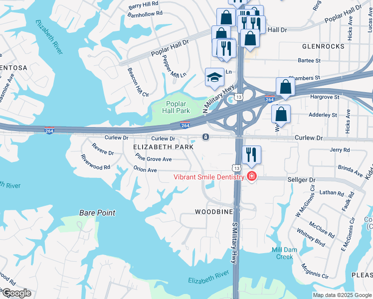 map of restaurants, bars, coffee shops, grocery stores, and more near 122 Kimberly Lane in Norfolk