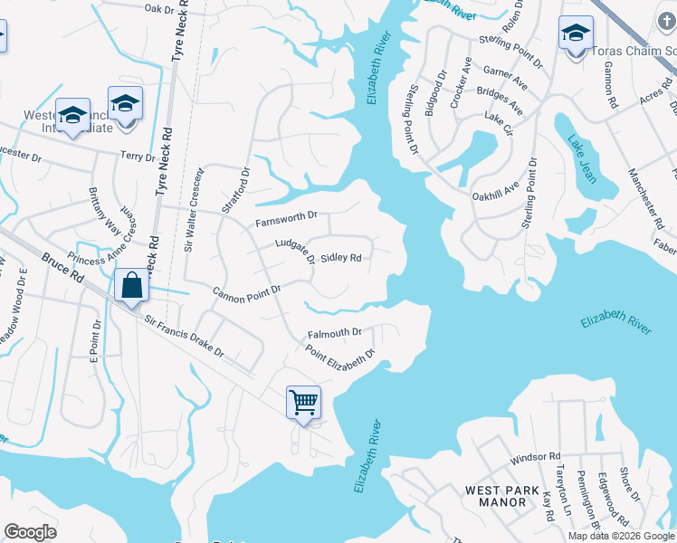 map of restaurants, bars, coffee shops, grocery stores, and more near 3720 Cannon Point Drive in Chesapeake