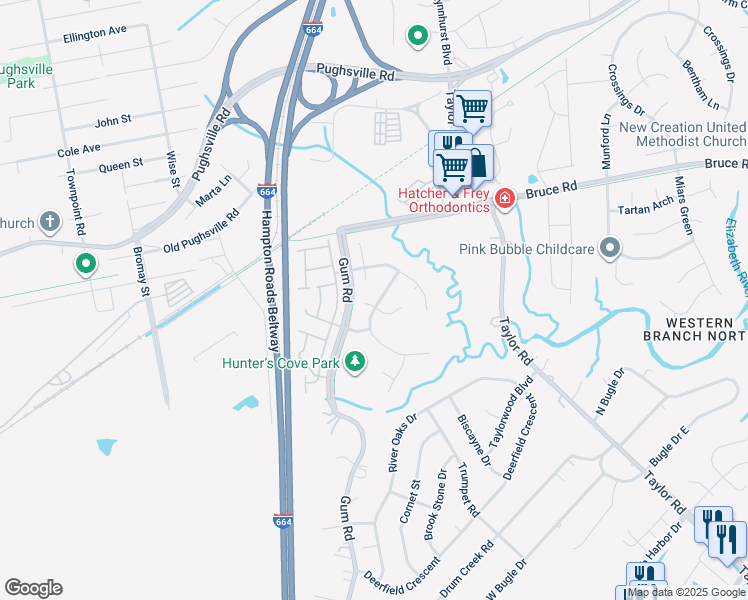 map of restaurants, bars, coffee shops, grocery stores, and more near 4517 Browning Circle in Chesapeake