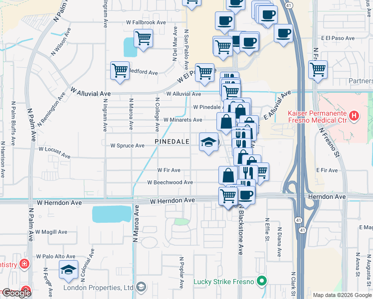 map of restaurants, bars, coffee shops, grocery stores, and more near 7137 North San Pablo Avenue in Fresno