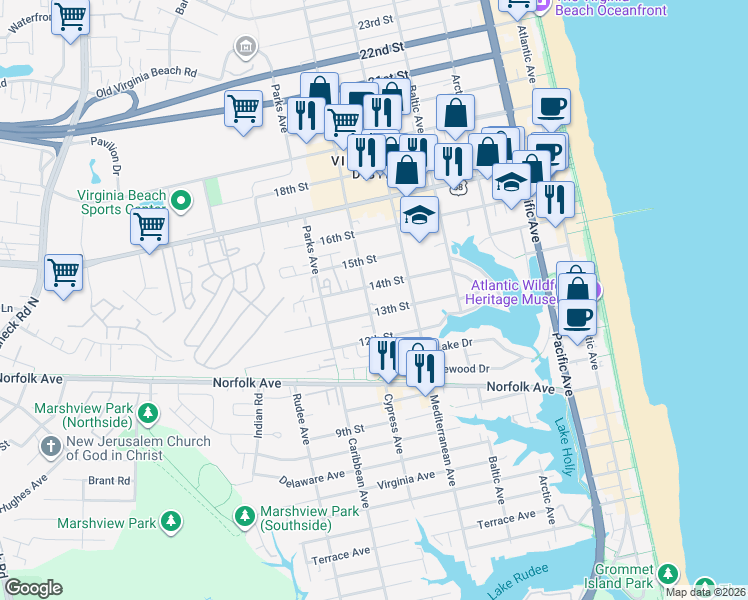 map of restaurants, bars, coffee shops, grocery stores, and more near in Virginia Beach