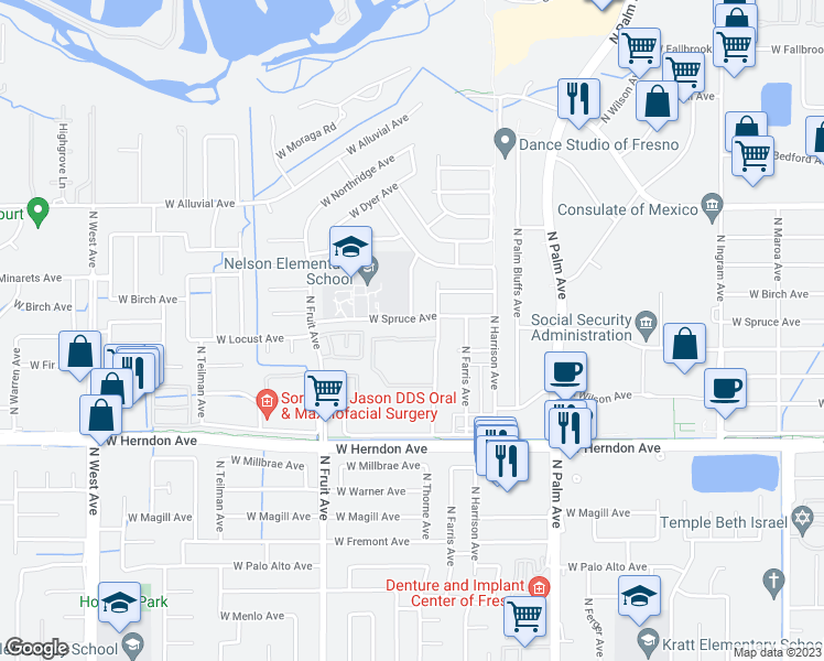 map of restaurants, bars, coffee shops, grocery stores, and more near 1231 West Spruce Avenue in Fresno