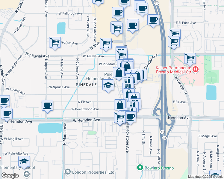 map of restaurants, bars, coffee shops, grocery stores, and more near 7171 North Sugar Pine Avenue in Fresno