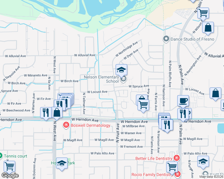 map of restaurants, bars, coffee shops, grocery stores, and more near 1416 West Locust Avenue in Fresno
