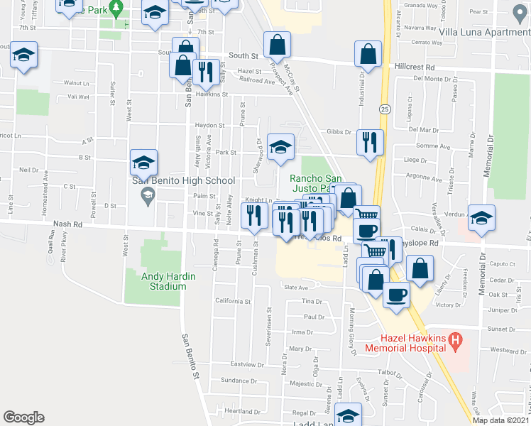 map of restaurants, bars, coffee shops, grocery stores, and more near 1429 Squire Court in Hollister