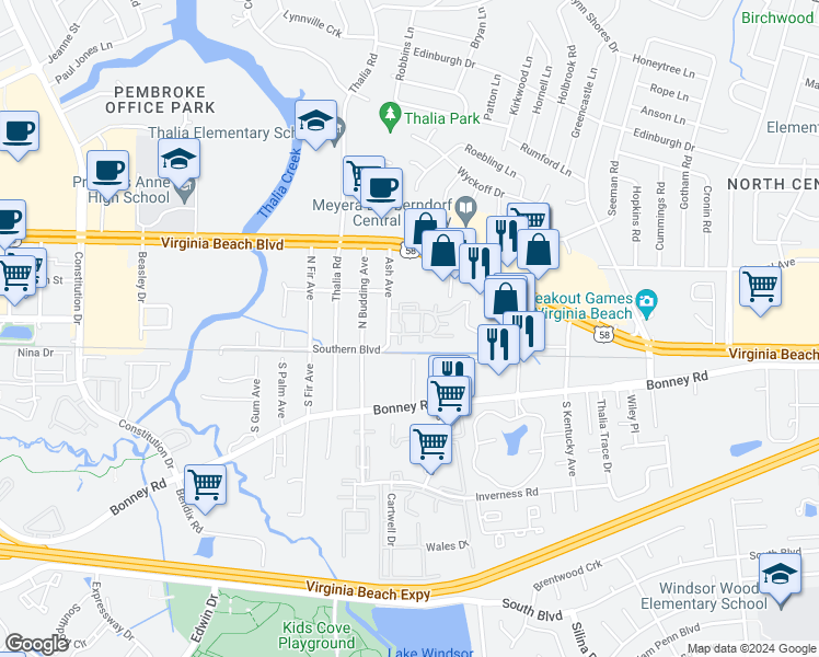 map of restaurants, bars, coffee shops, grocery stores, and more near 4245 Thalia Station Circle in Virginia Beach