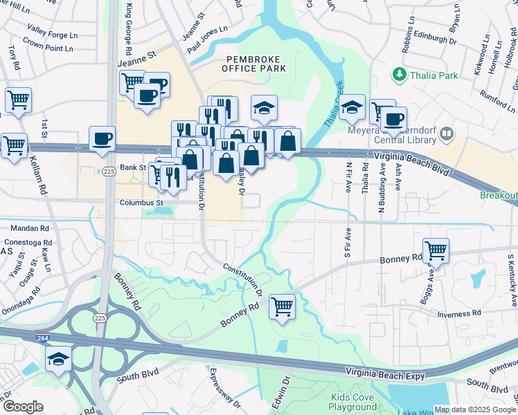map of restaurants, bars, coffee shops, grocery stores, and more near 4244 Beasley Court in Virginia Beach