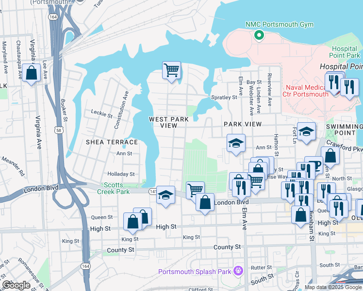 map of restaurants, bars, coffee shops, grocery stores, and more near 1604 Ann Street in Portsmouth