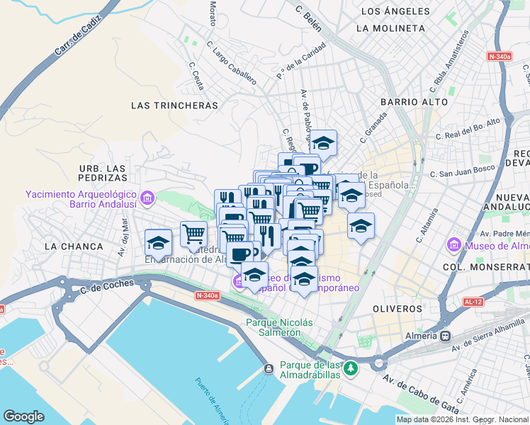 map of restaurants, bars, coffee shops, grocery stores, and more near Plaza de la Constitución in Almería