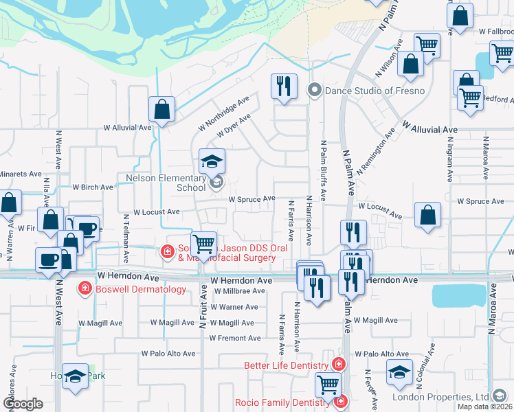 map of restaurants, bars, coffee shops, grocery stores, and more near 1233 West Spruce Avenue in Fresno