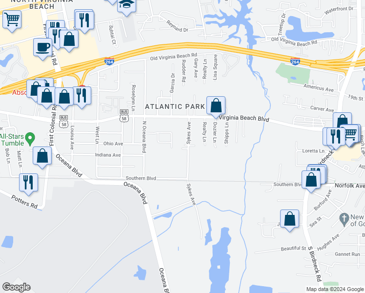 map of restaurants, bars, coffee shops, grocery stores, and more near 201 Sykes Avenue in Virginia Beach