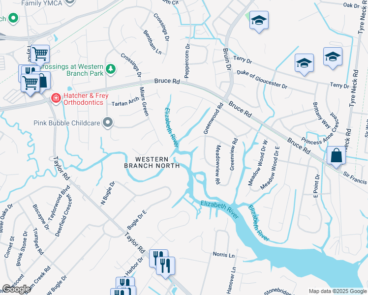 map of restaurants, bars, coffee shops, grocery stores, and more near 4319 Greenleaf Drive in Chesapeake