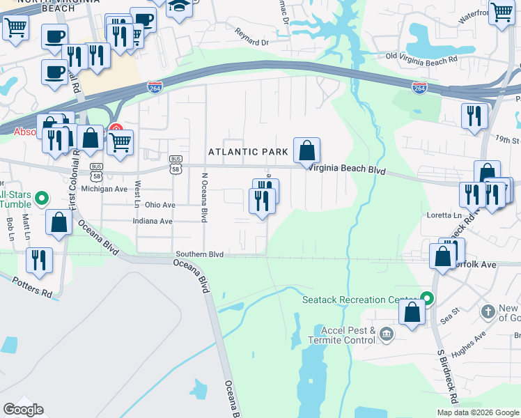 map of restaurants, bars, coffee shops, grocery stores, and more near 201 Sykes Avenue in Virginia Beach