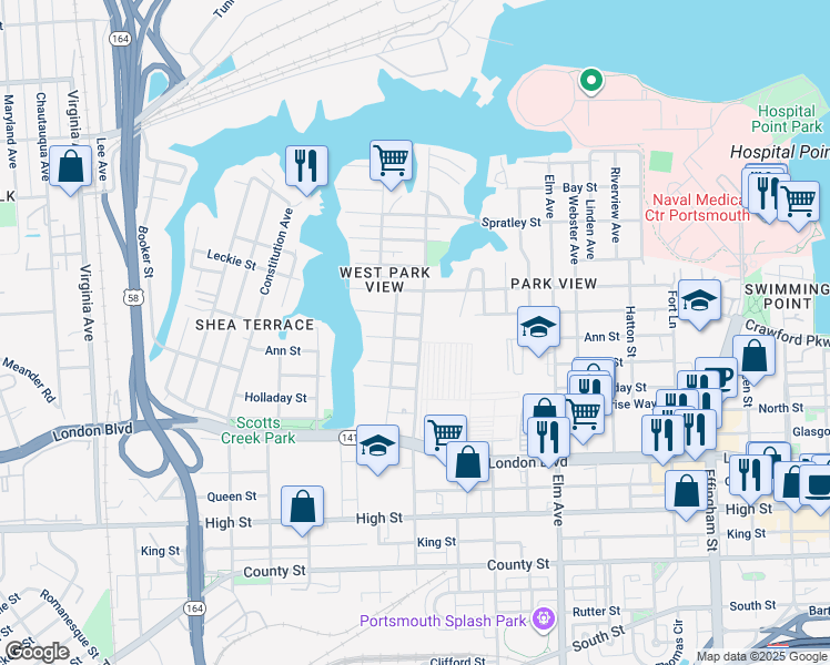 map of restaurants, bars, coffee shops, grocery stores, and more near 1604 Ann Street in Portsmouth