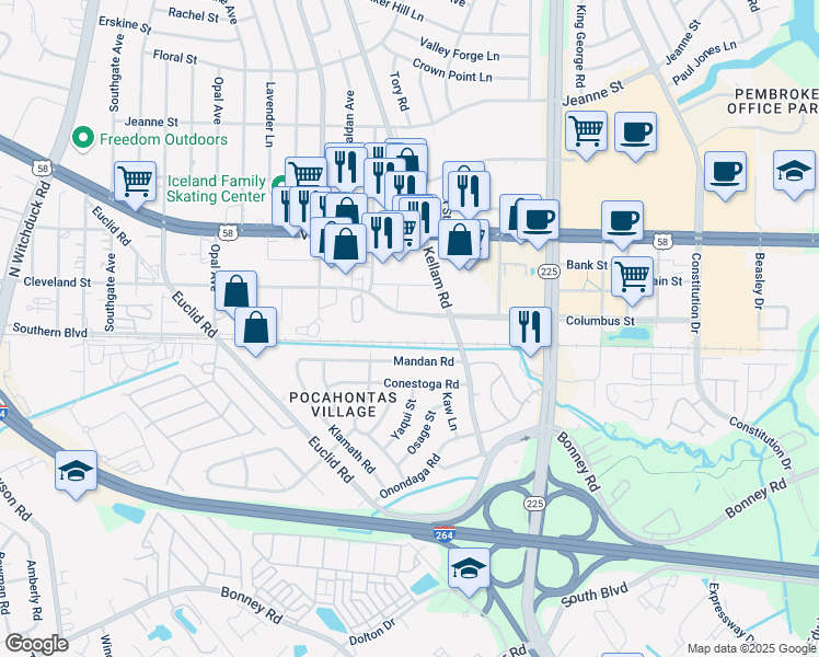 map of restaurants, bars, coffee shops, grocery stores, and more near 4817 Columbus Street in Virginia Beach