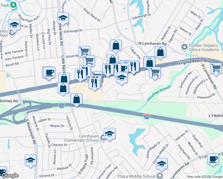 map of restaurants, bars, coffee shops, grocery stores, and more near 3225 Rosegate Court in Virginia Beach