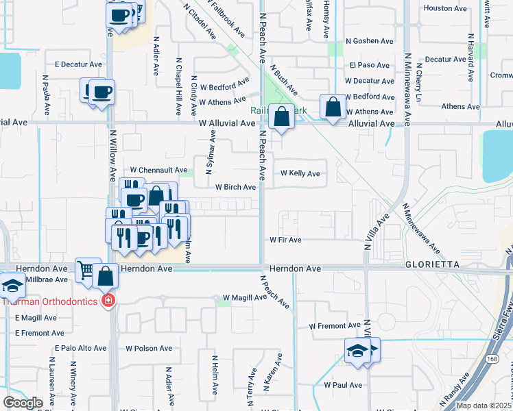 map of restaurants, bars, coffee shops, grocery stores, and more near 530 North Bush Avenue in Clovis