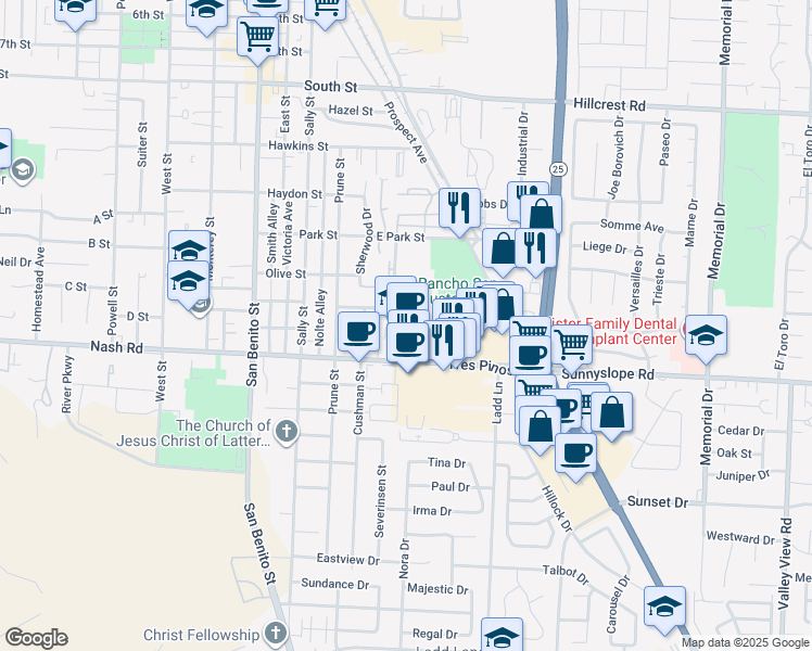 map of restaurants, bars, coffee shops, grocery stores, and more near 330 Tres Pinos Road in Hollister