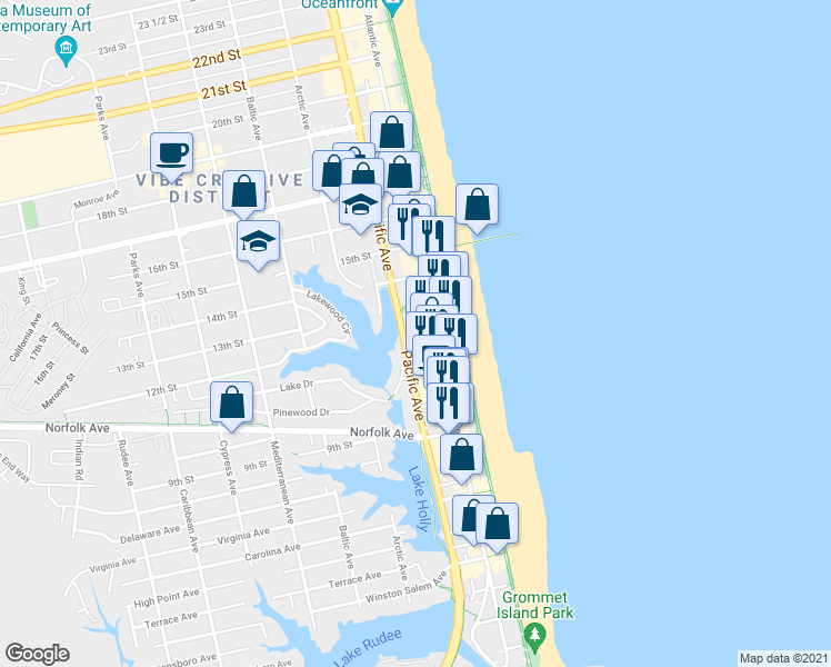 map of restaurants, bars, coffee shops, grocery stores, and more near 204 12th Street in Virginia Beach