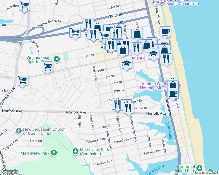 map of restaurants, bars, coffee shops, grocery stores, and more near in Virginia Beach