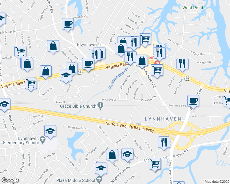 map of restaurants, bars, coffee shops, grocery stores, and more near 3004 Pinewood Drive in Virginia Beach