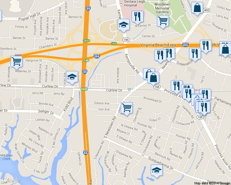 map of restaurants, bars, coffee shops, grocery stores, and more near 6135 Newark Avenue in Norfolk