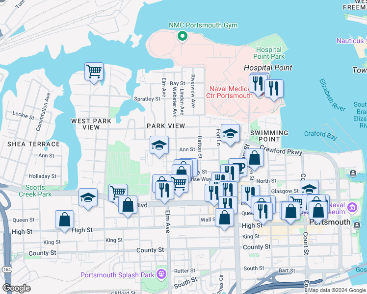 map of restaurants, bars, coffee shops, grocery stores, and more near 1038 Blair Street in Portsmouth