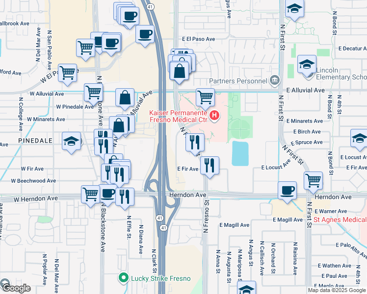 map of restaurants, bars, coffee shops, grocery stores, and more near 7119 North Fresno Street in Fresno