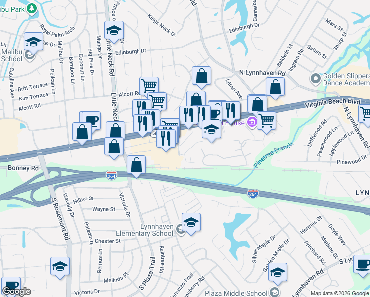 map of restaurants, bars, coffee shops, grocery stores, and more near 3509 Tupelo Trail in Virginia Beach