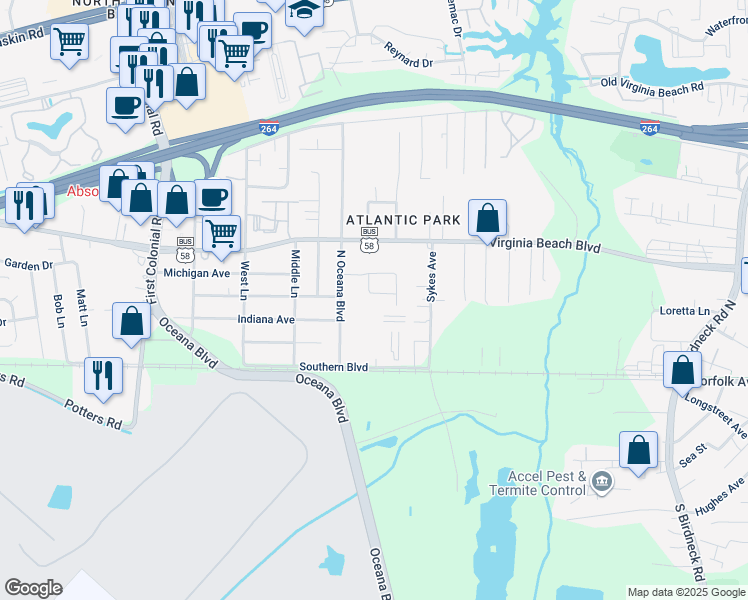 map of restaurants, bars, coffee shops, grocery stores, and more near 1457 Bartow Place in Virginia Beach