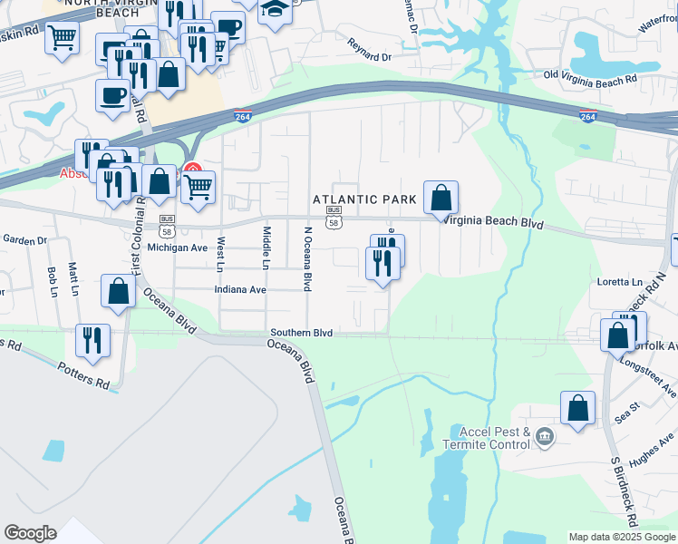 map of restaurants, bars, coffee shops, grocery stores, and more near 1457 Bartow Place in Virginia Beach