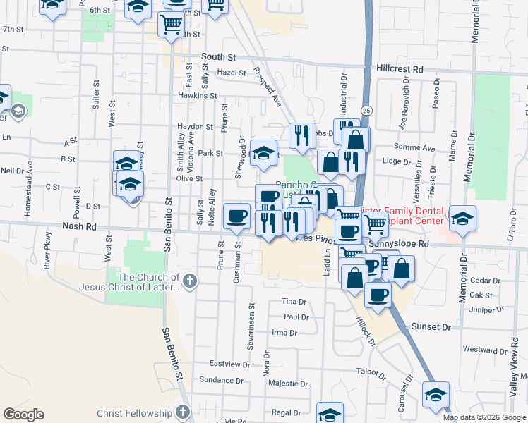 map of restaurants, bars, coffee shops, grocery stores, and more near 101 Gibson Drive in Hollister