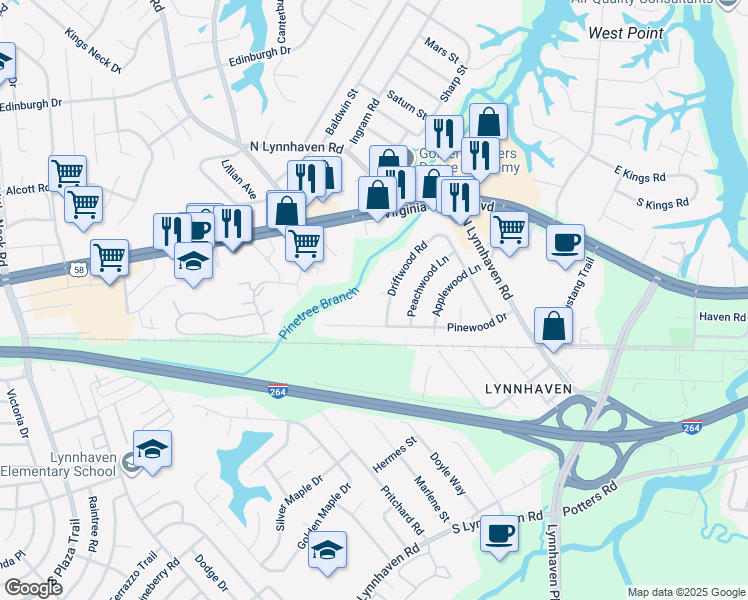 map of restaurants, bars, coffee shops, grocery stores, and more near 3004 Pinewood Drive in Virginia Beach