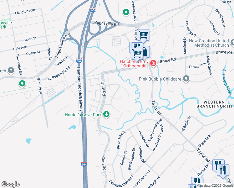 map of restaurants, bars, coffee shops, grocery stores, and more near 4517 Browning Circle in Chesapeake