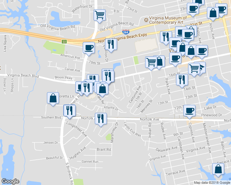 map of restaurants, bars, coffee shops, grocery stores, and more near 210 Seabridge Road in Virginia Beach