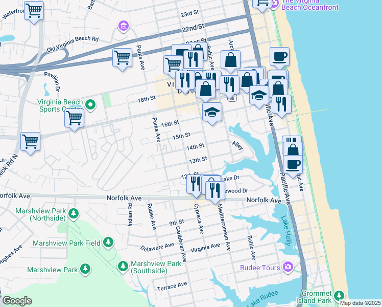 map of restaurants, bars, coffee shops, grocery stores, and more near 608 13th Street in Virginia Beach