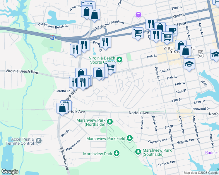 map of restaurants, bars, coffee shops, grocery stores, and more near 210 Seabridge Road in Virginia Beach