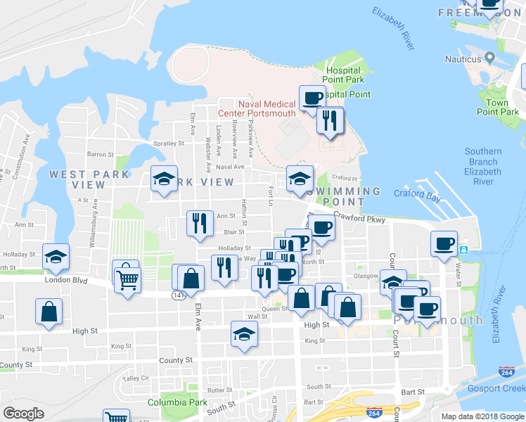 map of restaurants, bars, coffee shops, grocery stores, and more near 918 Ann Street in Portsmouth