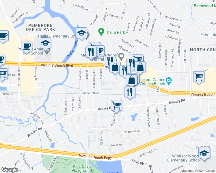 map of restaurants, bars, coffee shops, grocery stores, and more near 4231 Thalia Station Circle in Virginia Beach