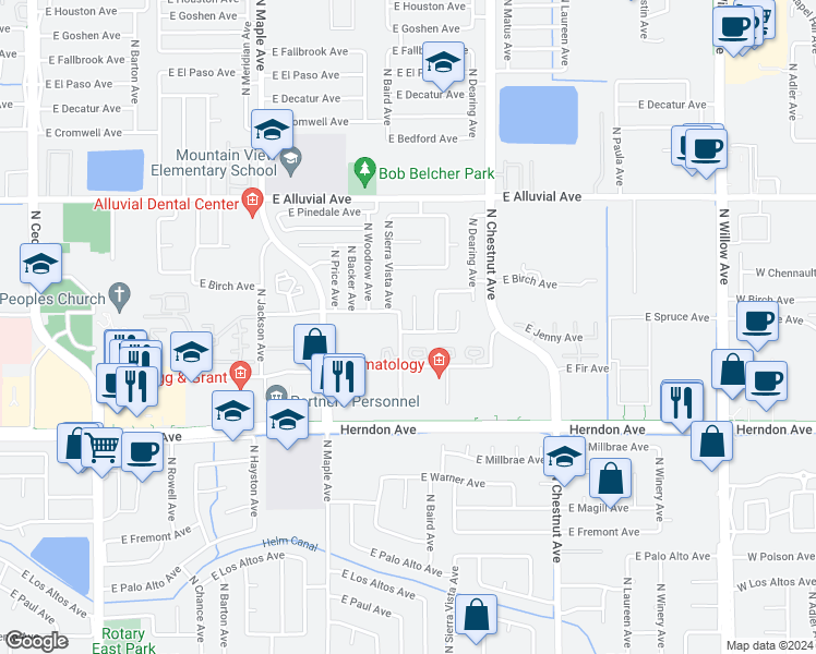 map of restaurants, bars, coffee shops, grocery stores, and more near 7211 N Laval Ave in Fresno