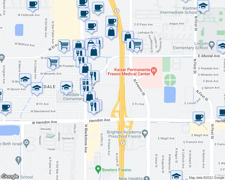 map of restaurants, bars, coffee shops, grocery stores, and more near 4 in Fresno