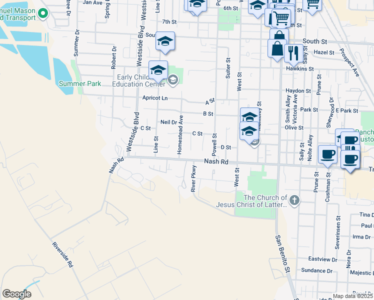 map of restaurants, bars, coffee shops, grocery stores, and more near 1120 Brent Court in Hollister