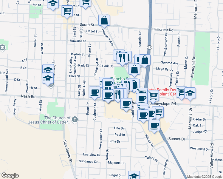 map of restaurants, bars, coffee shops, grocery stores, and more near 101 Gibson Drive in Hollister